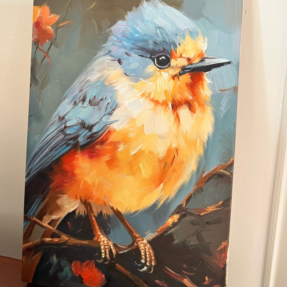 Original Oil painting orange blue bird - Picture 3 of 8